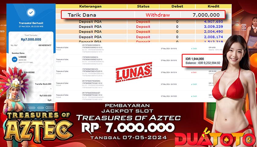 BUKTI PEMBAYARAN JACKPOT SLOT TREASURES OF AZTEC 07-05-2024