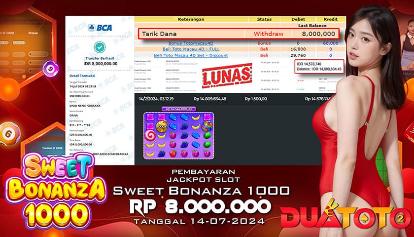BUKTI PEMBAYARAN JACKPOT SLOT SWEET BONANZA 1000 14-07-2024