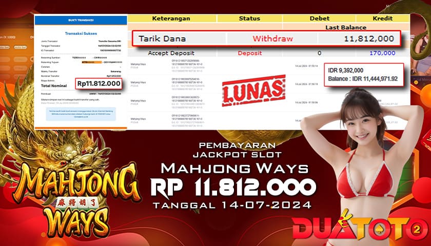 BUKTI PEMBAYARAN JACKPOT MAHJONG WAYS 14-07-2024