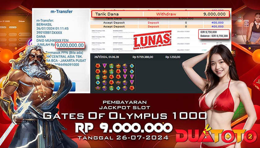 BUKTI PEMBAYARAN JACKPOT SLOT GATES OF OLYMPUS 1000 26-07-2024
