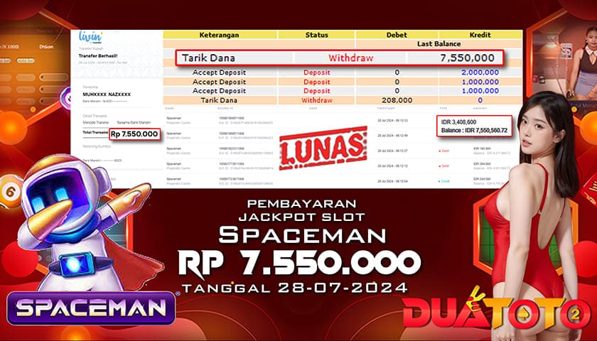 BUKTI PEMBAYARAN JACKPOT SLOT SPACEMAN 28-07-2024