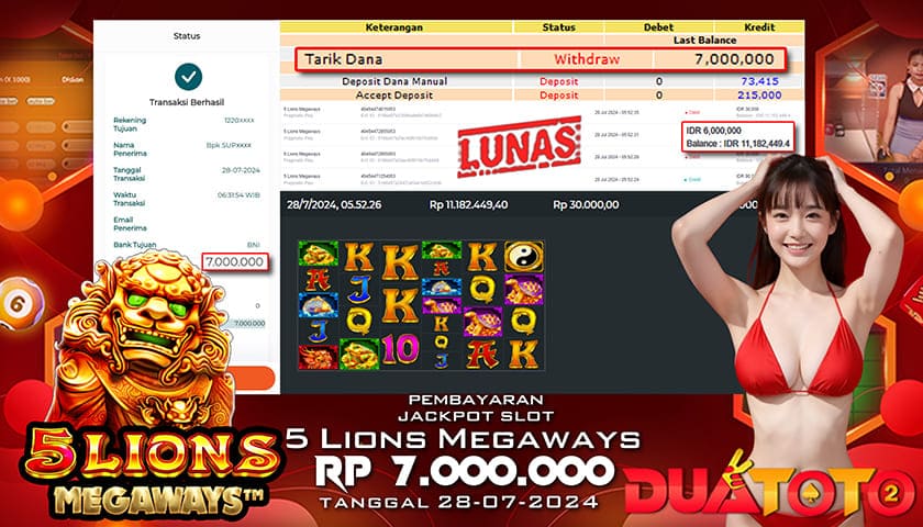 BUKTI PEMBAYARAN JACKPOT SLOT 5 LIONS MEGAWAYS 28-07-2024