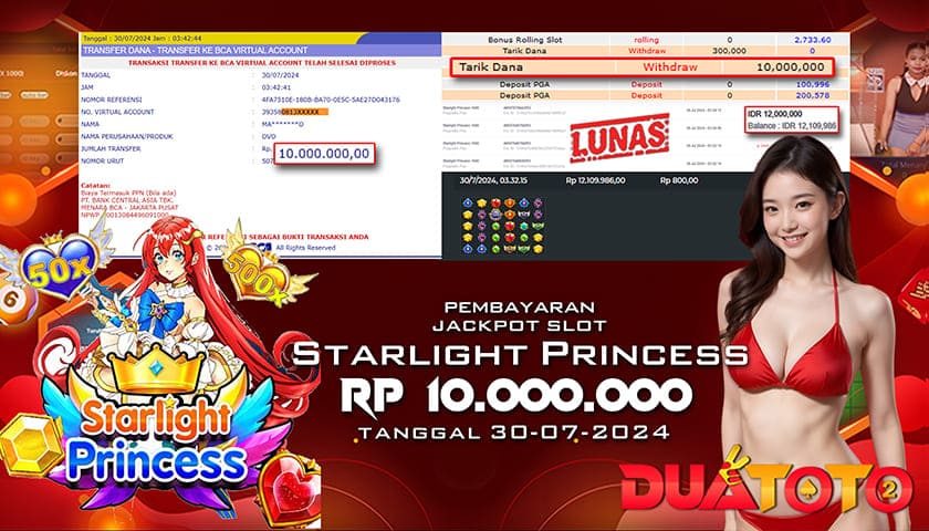 BUKTI PEMBAYARAN JACKPOT SLOT STARLIGHT PRINCES 1000 30-07-2024