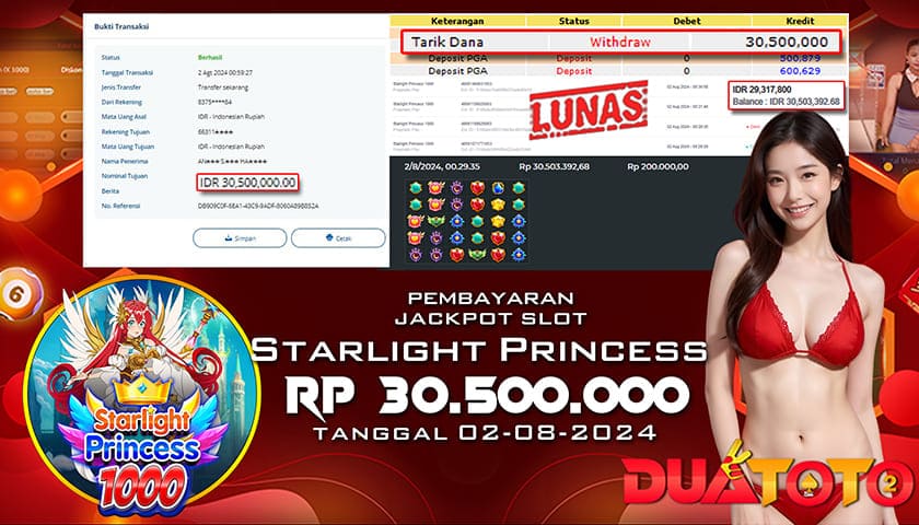 BUKTI PEMBAYARAN JACKPOT SLOT STARLIGHT PRINCES 1000 02-08-2024