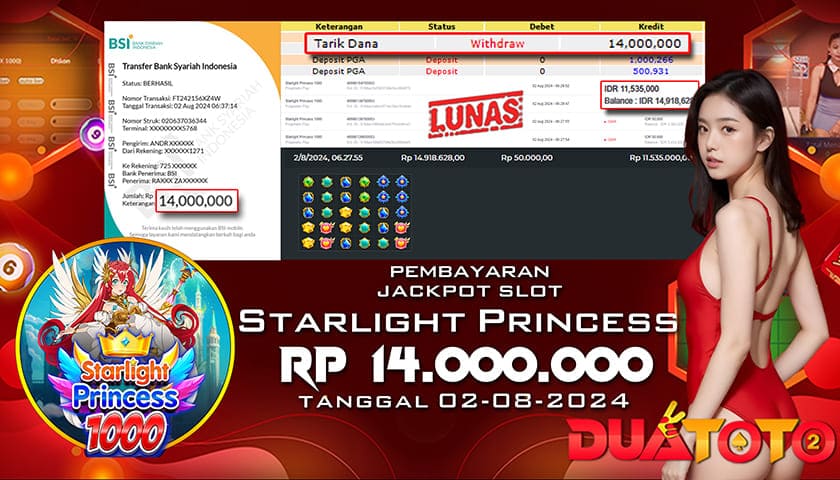 BUKTI PEMBAYARAN JACKPOT SLOT STARLIGHT PRINCES 1000 02-08-2024