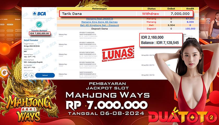 BUKTI PEMBAYARAN JACKPOT SLOT MAHJONG WAYS  06-08-2024