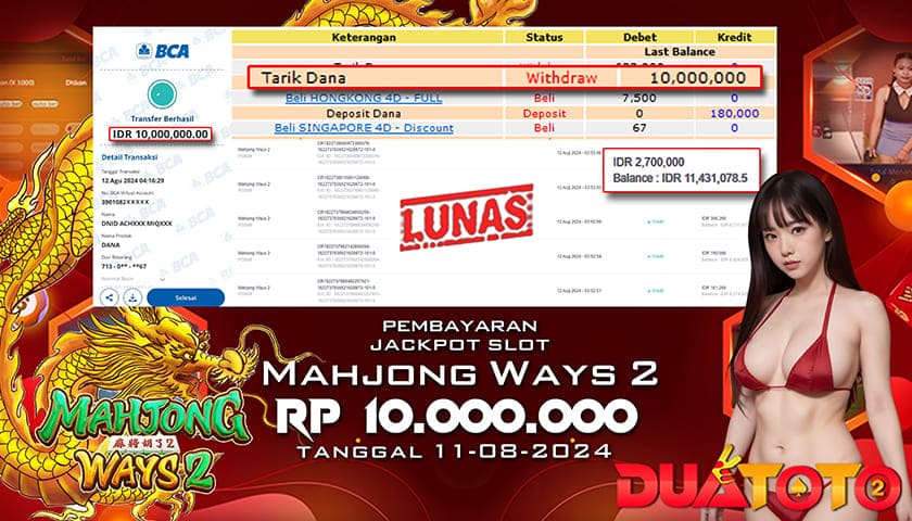 BUKTI PEMBAYARAN JACKPOT SLOT MAHJONG WAYS 2 12-08-2024