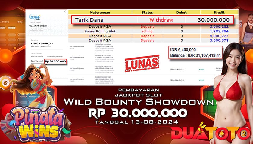 BUKTI PEMBAYARAN JACKPOT SLOT PINATA WINS 13-08-2024