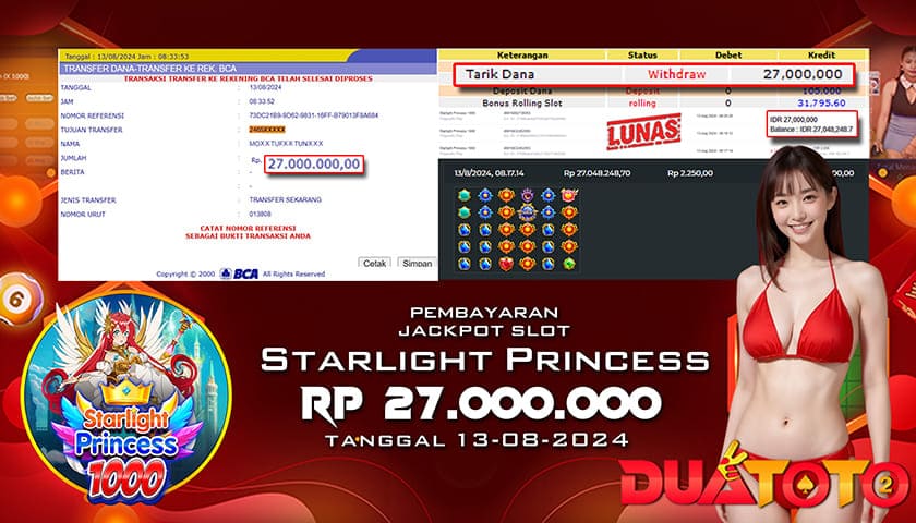 BUKTI PEMBAYARAN JACKPOT SLOT STARLIGHT 1000 13-08-2024