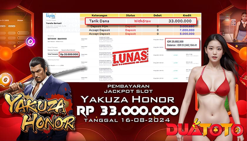 BUKTI PEMBAYARAN JACKPOT SLOT YAKUZA HONOR 16-08-2024