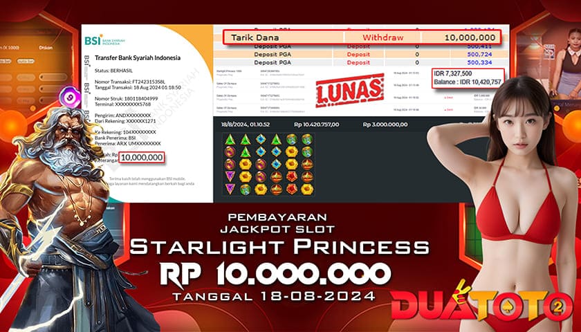 BUKTI PEMBAYARAN JACKPOT SLOT STARLIGHT PRONCESS 1000 18-08-2024