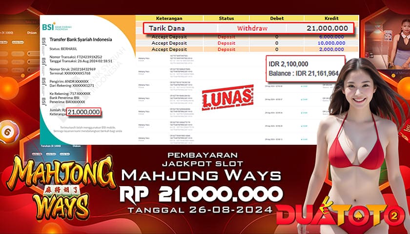 BUKTI PEMBAYARAN JACKPOT SLOT MAHYONG WAYS 26-08-2024