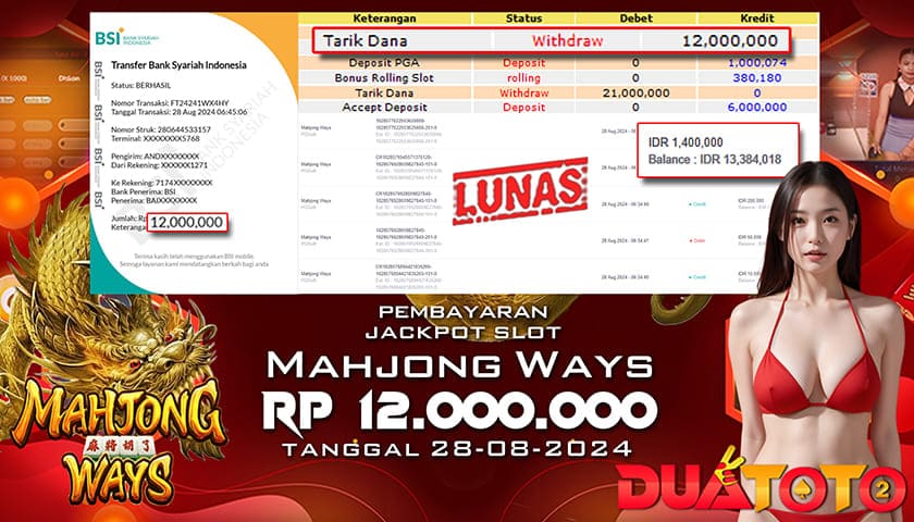 BUKTI PEMBAYARAN JACKPOT SLOT MAHYONG WAYS 28-08-2024