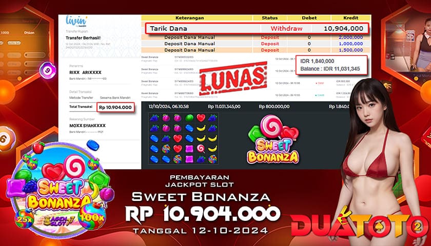 BUKTI PEMBAYARAN JACKPOT SLOT SWEET BONANZA 12-10-2024