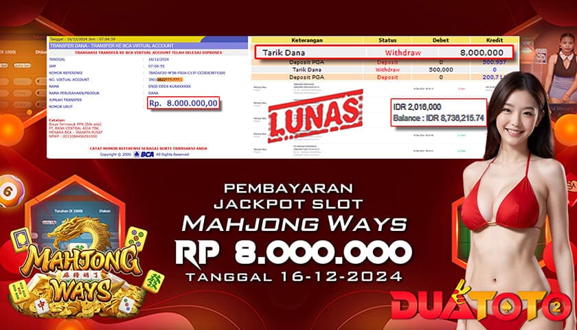 BUKTI PEMBAYARAN JACKPOT SLOT MAHJONG WAYS 16-12-2024