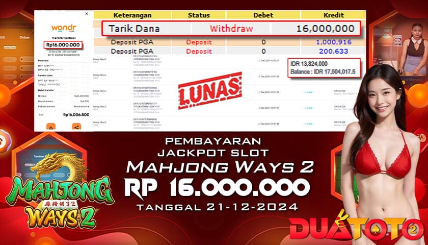 BUKTI PEMBAYARAN JACKPOT SLOT MAHJONG WAYS 2 21-12-2024