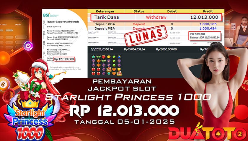BUKTI PEMBAYARAN JACKPOT SLOT STARLIGHT PRINCESS 1000 05-01-2025