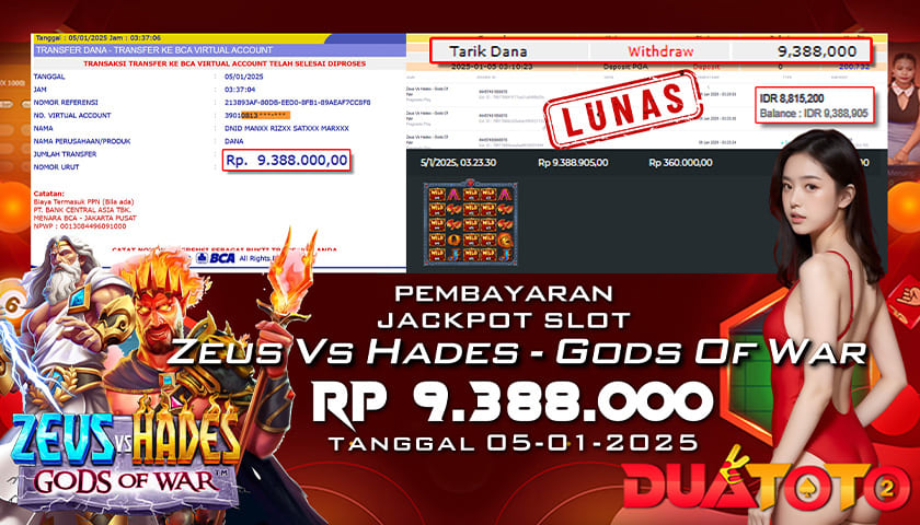 BUKTI PEMBAYARAN JACKPOT SLOT ZEUS VS HADES - GODS OF WAR 05-01-2025