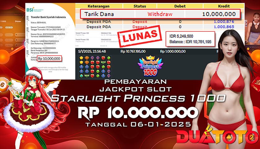 BUKTI PEMBAYARAN JACKPOT SLOT STARLIGHT PRINCESS 1000 06-01-2025