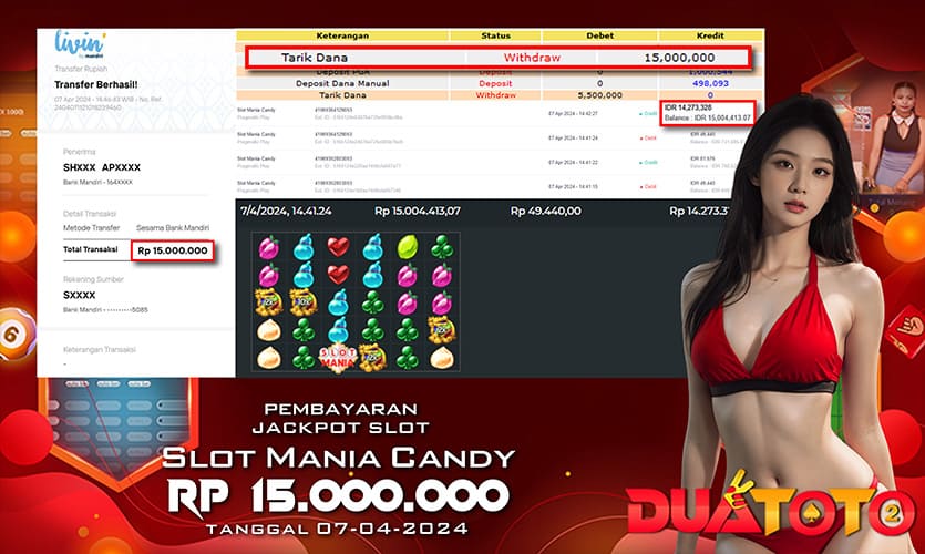 BUKTI PEMBAYARAN JACKPOT SLOT MANIA CANDY 07-04-2024