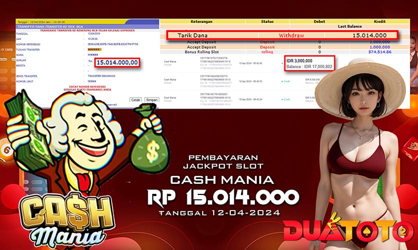 BUKTI PEMBAYARAN JACKPOT SLOT CASH MANIA 12-04-2024