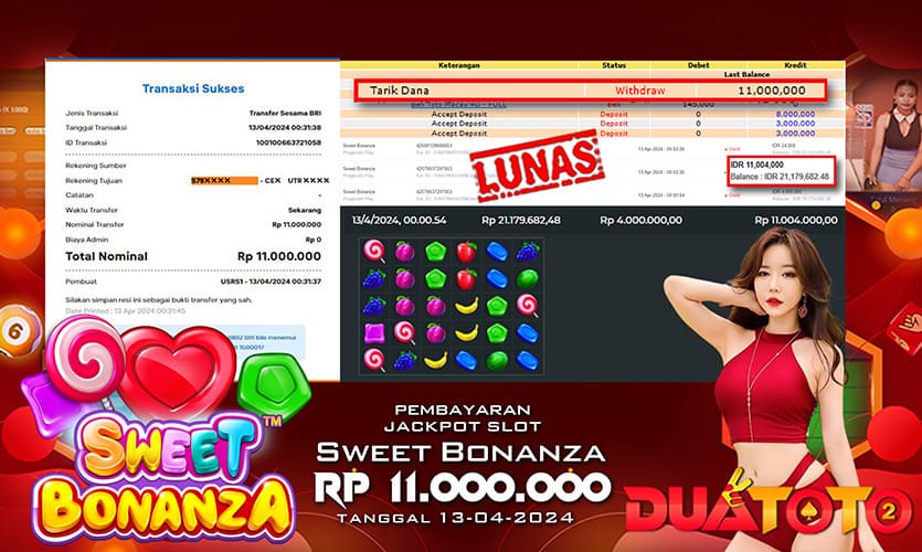 BUKTI PEMBAYARAN JACKPOT SLOT SWEET BONANZA 13-04-2024