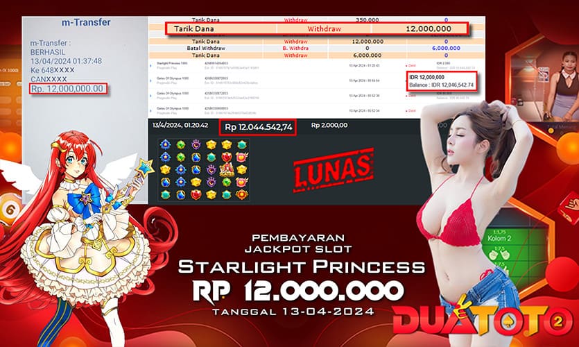 BUKTI PEMBAYARAN JACKPOT SLOT STARLIGHT PRINCES 1000 13-04-2024