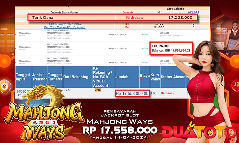 BUKTI PEMBAYARAN JACKPOT SLOT MAHJONG WAYS 14-04-2024