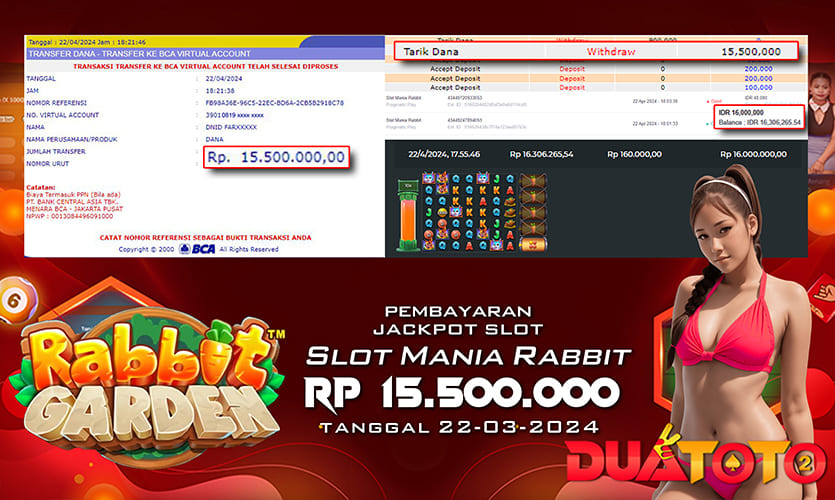 BUKTI PEMBAYARAN JACKPOT SLOT SLOT MANIA RABBIT 22-04-2024