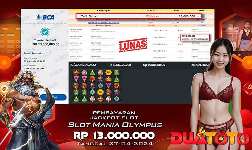 BUKTI PEMBAYARAN JACKPOT SLOT MANIA OLYMPUS 27-04-2024