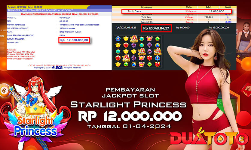 BUKTI PEMBAYARAN JACKPOT SLOT STARLIGHT PRINCESS 1000 01-04-2024