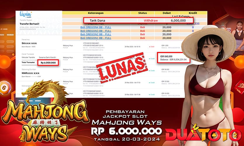 BUKTI PEMBAYARAN JACKPOT SLOT MAHJONG WAYS 20-03-2024