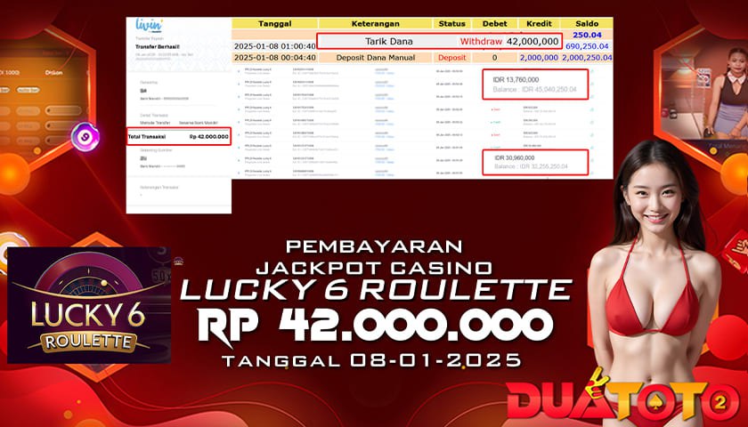 BUKTI PEMBAYARAN JACKPOT CASINO LUCKY 6 ROULETTE 08-01-2025