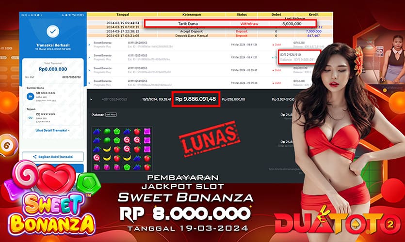 BUKTI PEMBAYARAN JACKPOT SLOT SWEET BONANZA 19-03-2024