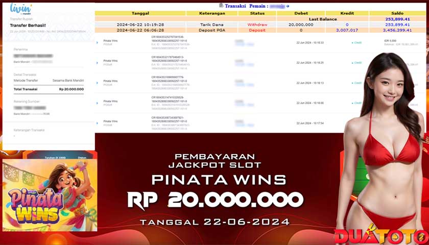 BUKTI PEMBAYARAN JACKPOT SLOT PINATA WINS 22-06-2024